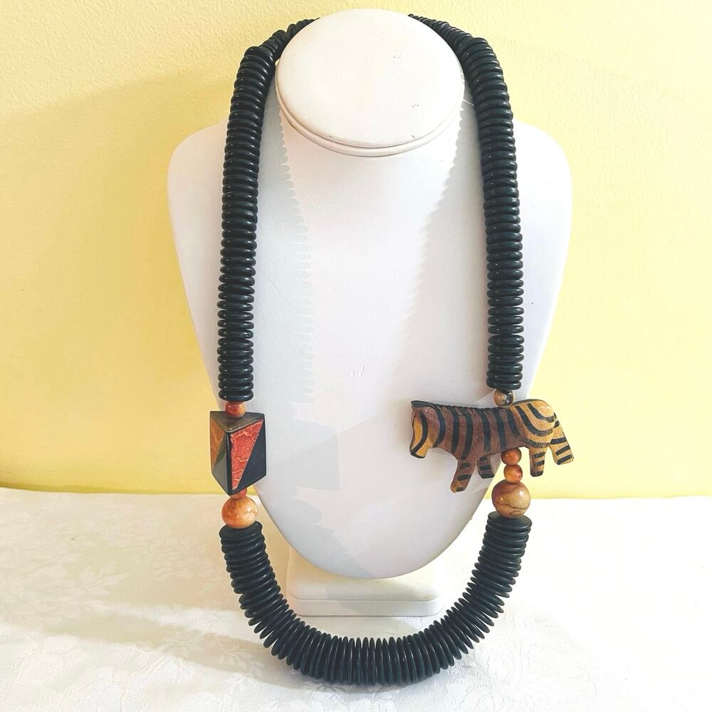 Vtg 70s African Bead Disc Hand-Carved Wood Necklace Zebra Animal Geometric